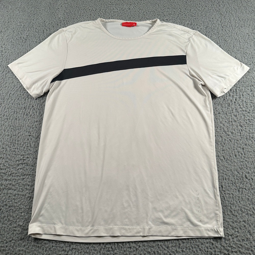 REDVANLY Mens Large T Shirt Athletic Activewear White Black Stripe Flaws